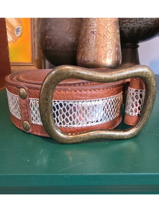 Chico’s Brown Wide Leather Belt  Silver & Brass Buckle Sz M Boho Cowgirl NWOT main image 6